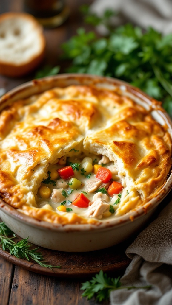 A comforting serving of Chicken Pot Pie with a flaky crust and creamy filling, garnished with parsley on a rustic table.